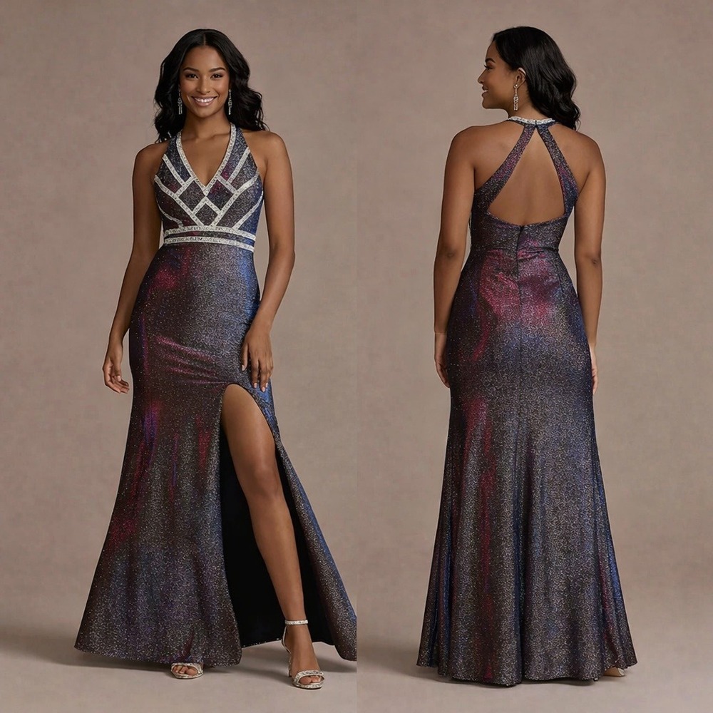 Blondie Nites Halter Mermaid Gown Galaxy Prom Pageant Dance Gala Slit Size 1 NWT